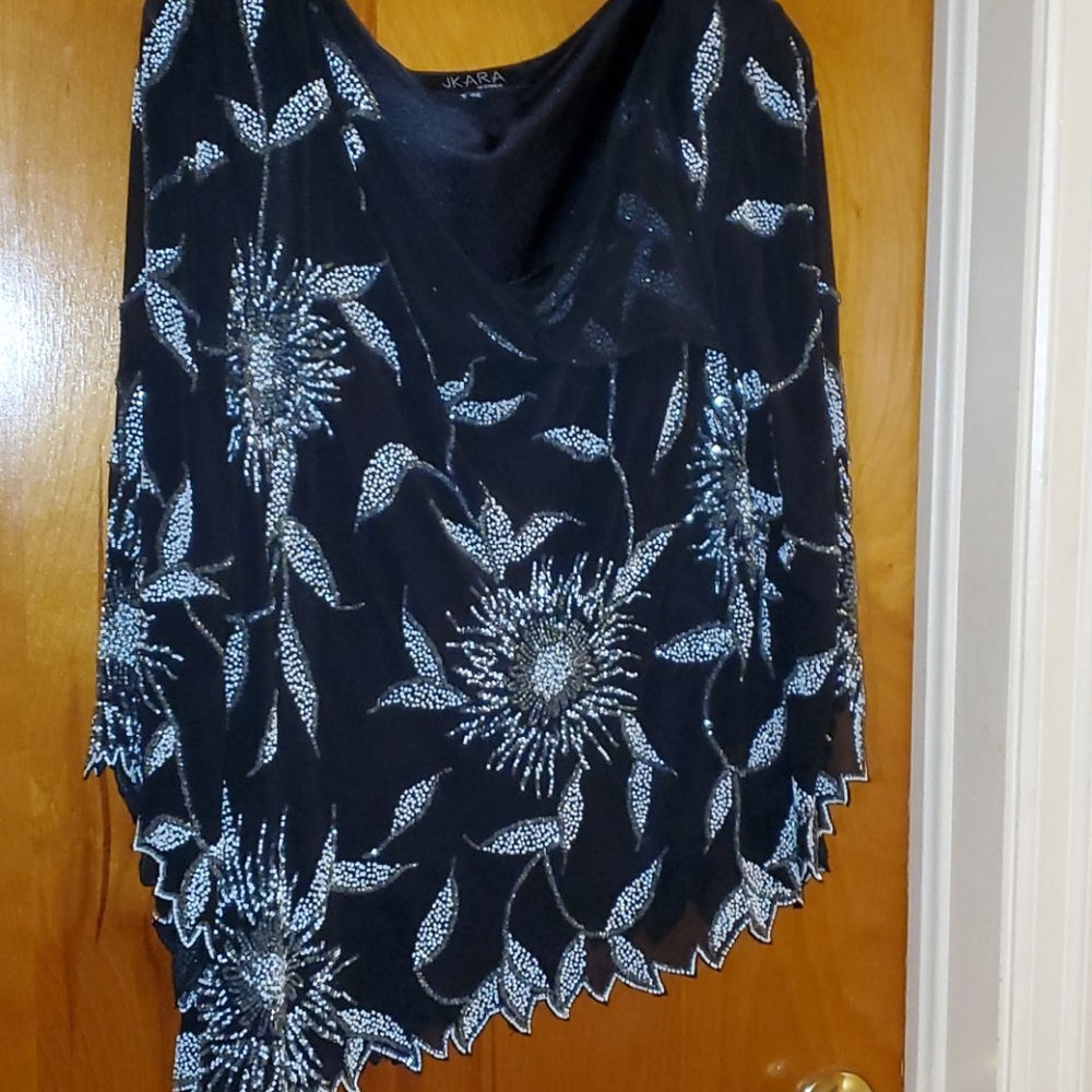 Gorgeous Black Top Embellished with Silver & White